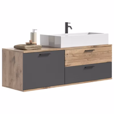 Meuble sous vasque 1 porte et 2 tiroirs  Gris anthracite et chene clair  SELMA