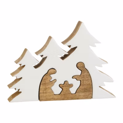 Crèche de Noël & Sapins « Puzzle » 25cm Blanc & Naturel