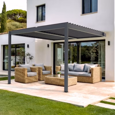 Pergola bioclimatique adossée PIANA 3x3m aluminium gris – Lames orientables
