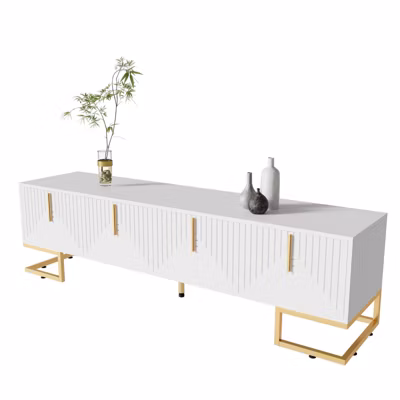 Meuble TV Avec Portes Texturées Et Détails Dorés – Poignées Et Pieds Dorés – Design Élégant