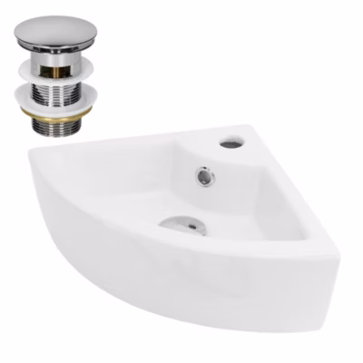 Lavabo d&rsquo;angle blanc céramique à poser/mural avec bonde de vidage 460x330x130 mm