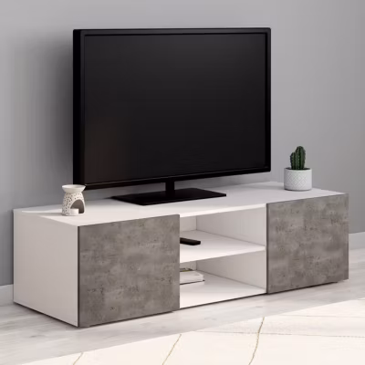 Meuble TV 113 cm ELI blanc portes effet béton