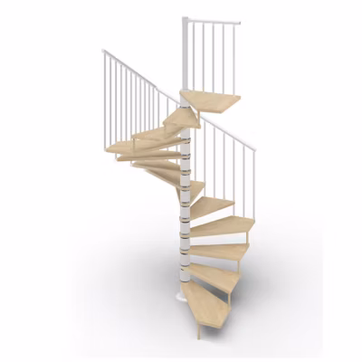 Escalier colimaçon 13 marches – Haut. à franchir 2.67 à 3.12m – Diam. 120cm – Trémie carrée – Struct. blanche / marches naturel –