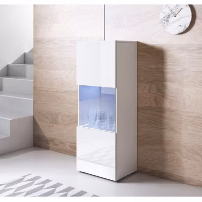 Vitrine verticale contemporaine – Blanc brillant – 1 porte – Mélamine – 40x29x128 cm