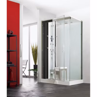 Cabine de douche hydromassante et hammam KINEDO HORIZON 110×110 hauteur receveur 12,5cm 1 coulissant finition perle noire