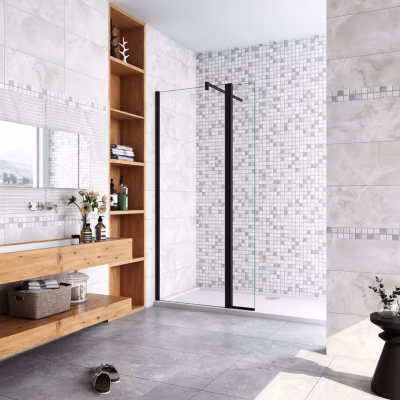 Paroi de douche noir 50 x 200 cm avec volet pivotant à 180 degré  – Verre anticalcaire – 90 cm Barre de stabilisation