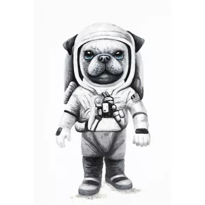 Tableau peinture chien astronaute noir et blanc 60 x 40 cm – Laïka
