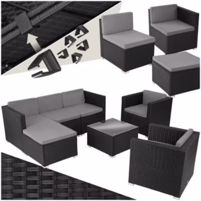 Salon en rotin pour 5 à 6 personnes noir