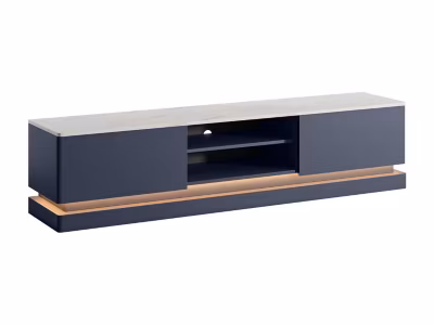 Meuble TV 2 tiroirs et 2 niches avec LEDs en MDF – Bleu et effet marbre blanc – DEVIKA
