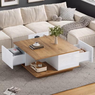 Table Basse Carrée  avec 3 Tiroirs et Espace Semi-ouvert, design Géométrique, Blanc + Noyer,  pour Salon  70x70x31,5 cm