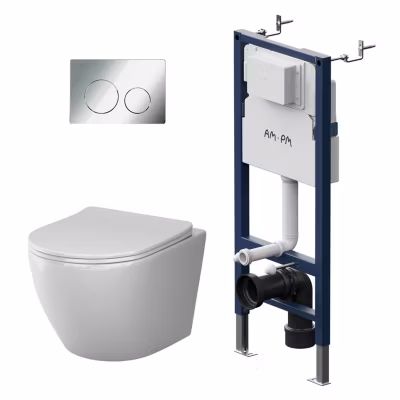 Pack WC suspendu bâti mural et cuvette, Plaque Round Chrome, Pack WC Bati-support AM.PM Like