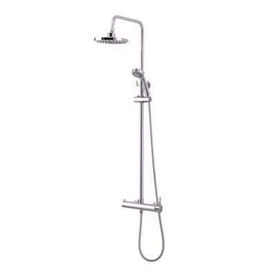 Colonne De Douche Chromée Avec Pomme De Douche Fixe, Douchette À Main Extractible Et Inverseur.