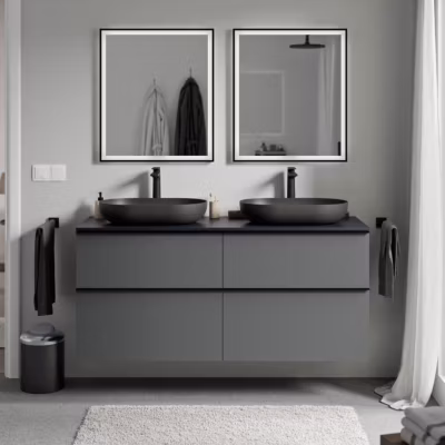 Meuble sous vasque suspendu MDF Anthracite mat, plan vasque Bleu nuit mat, poignée Anthracite mat – 140x46x62cm – LAVOA