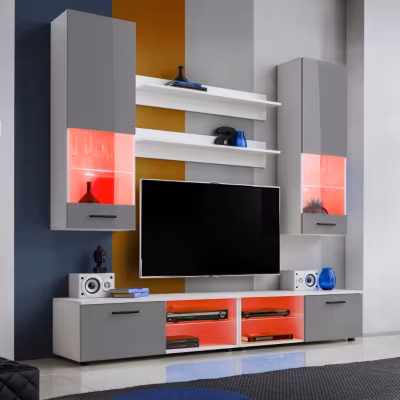 Ensembles de meubles TV Varallo Komodee – LED RGB – Gris Brillant & Blanc – Façades en Brillant – L200cm x H195cm x P45cm