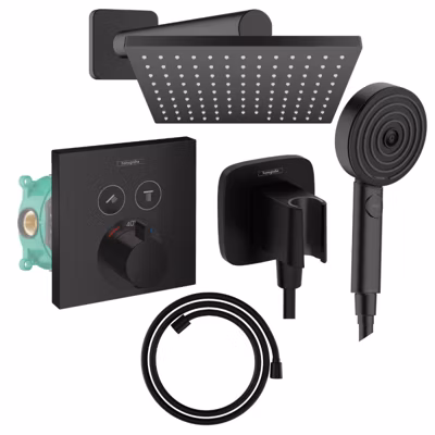 Colonne de douche thermostatique HANSGROHE ShowerSelect E Douche de tête Vernis Shape Flexible Designflex Douchette Pulsify noir
