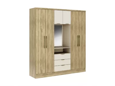 Armoire 6 portes et 3 tiroirs – Avec miroir – L180 cm – Coloris : Naturel et beige – ELORIO