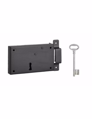 Serrure horizontale en applique à clé pour porte de cave, pêne seul, droite, axe 80mm, 140x80mm, noir, 1 clé – THIRARD
