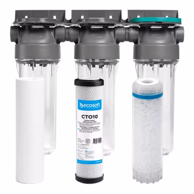 Filtre à eau triple 9&prime; 3/4 + Pack protection complète filtration sous évier connexion 1&prime;
