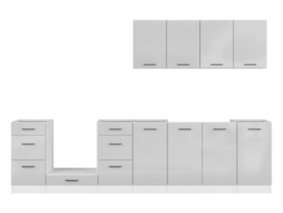 Cuisine complète 300 cm,Ensemble de meuble de cuisine coloris Gris clair brillant/Blanc, plan de travail non inclus