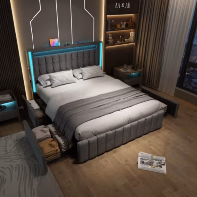 Canapé-lit 160×200 cm avec LED multicolore, 4 tiroirs de rangement, ports 3xUSB+Type-C, tissu lin gris et matelas 160×200 cm