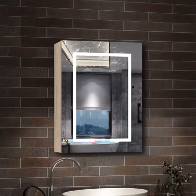 Armoire de toilette avec Miroir LED Anti-Buée, Chêne 60×70 cm, Éclairage 3 Couleurs et Prise Rasoir, AICA Sanitaire