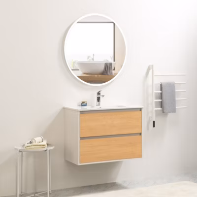 Pack Meuble prémonté 80 blanc effet bois-Vasque céramique-Robinet chromé-Miroir JOY – bain-bain