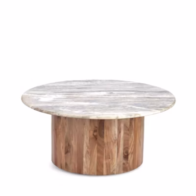 Table basse ronde en bois d&rsquo;acacia et marbre beige D80  – JOANA