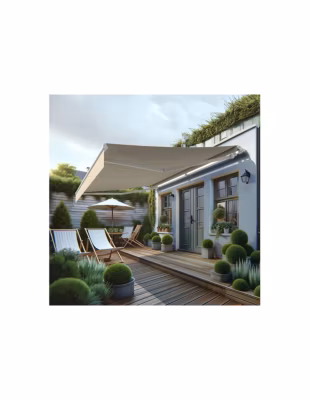 Store banne monobloc MEILE 4,20 x 3,00m (Motorisé à interrupteur + manœuvre de secours – Beige – Blanc)
