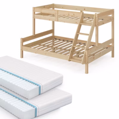 Vitalispa Lit superposé Naturel bois 140×200 / 90×200 cm avec 2 matelas