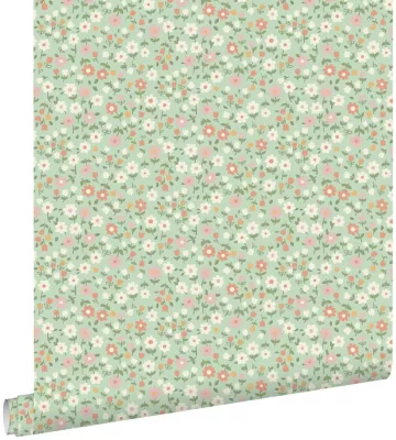 ESTAhome papier peint fleurs vert, rose terracotta et blanc 50 x 900 cm