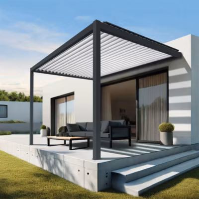 Pergola bioclimatique Xenon (Vérin à Télécommande – Gris anthracite / Blanc – 4,00 x 4,655m)