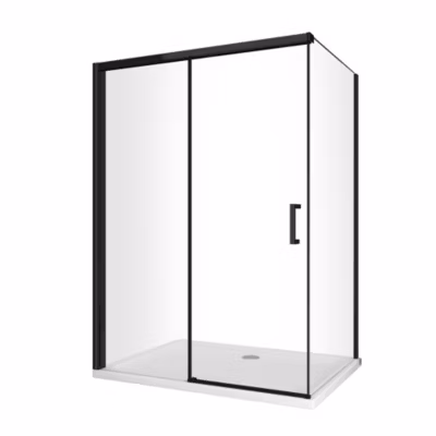 Douche d&rsquo;angle avec paroi fixe et frontale avec fermeture douce amortie cadre noir mat Cm 110 (108-110) x 120 (117-120)
