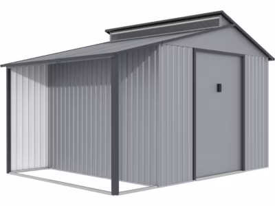 Abri de jardin métal avec pergola « Madras »  9.12 m²  257 x 355 x 237 cm  Gris