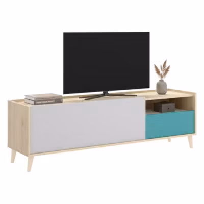 Meuble TV Axterix, Buffet bas de salon, Buffet de salon pour télévision, 155x43h47 cm, Chêne et Blanc