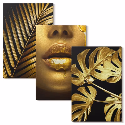 Trio de Tableaux Décoratifs Wallfluent 40×60 cm Bouche De Femme En Palmier Monstera Bords Imprimés Finition Parfaite Prêt à Poser