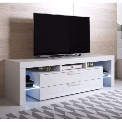 Meuble TV contemporain brillant – Blanc – 2 tiroirs – Mélamine – LED – 160x35x53 cm