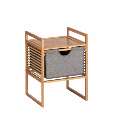 Table d&rsquo;appoint en bambou avec tiroir en tissu H.56cm – Gris et Beige