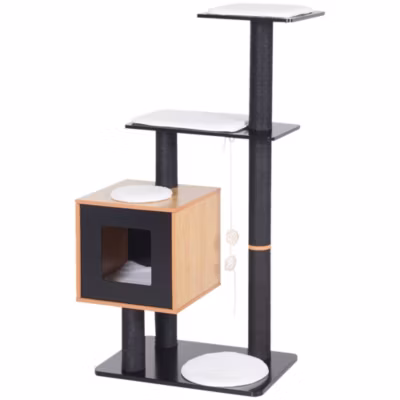 Arbre à chat design contemporain H.120cm griffoirs grattoirs sisal naturel niche plateformes boules suspendues noir hêtre