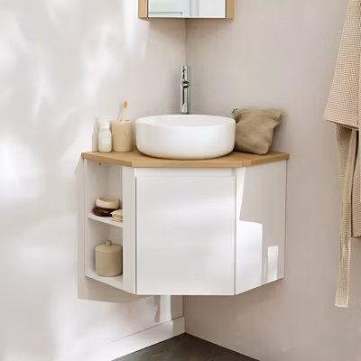 Meuble sous vasque d&rsquo;angle SORRENTO avec vasque blanche et robinet
