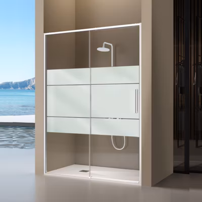 Paroi de douche coulissante DELTA – Blanc – Sérigraphié – 127-129.6 cm – Fermeture amortie – Réversible – Anticalcaire