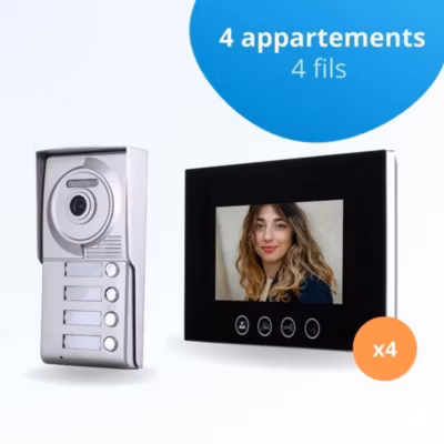 Portier interphone vidéo classic 4 fils – 4 appartements – 4 écrans noirs 7&Prime; – avec mémoire photos