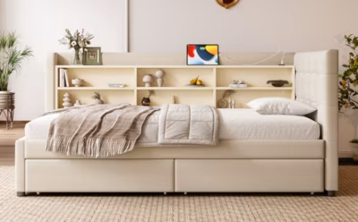 Canapé-lit 140×190 cm convertible avec coffre de rangement et accoudoirs, revêtement tissu