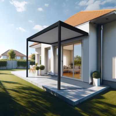 Pergola Bioclimatique AVANOA perpendiculaire 3,526×3,50 M Vérin à Télécommande (Gris anthracite / Blanc)