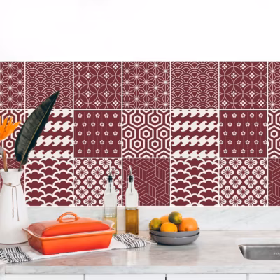 Stickers carrelage carreaux de ciment bordeau 15x15cm – Kit de 36