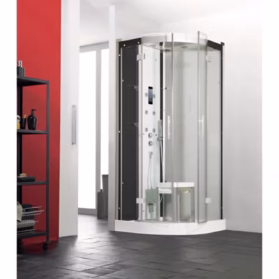 Cabine de douche hydromassante et hammam KINEDO HORIZON 90×90 1/4 de rond hauteur bac 17,5cm 2 coulissants finition perle noire
