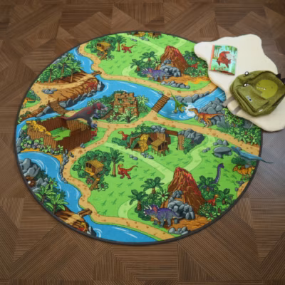 Tapis rond de jeu enfant – Circuit de voiture – Volcans et dinosaures – 150 cm