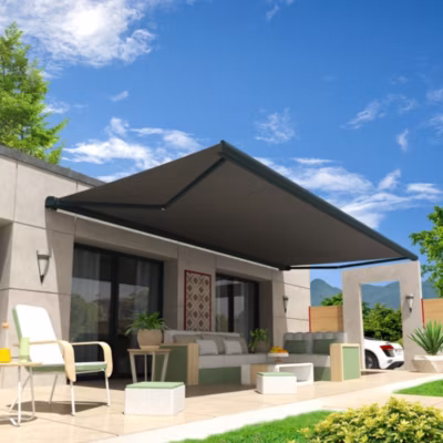 Store banne coffre intégral HEVOA 4,10×3,50 M (Manuel – Armature gris anthracite – Toile grise)
