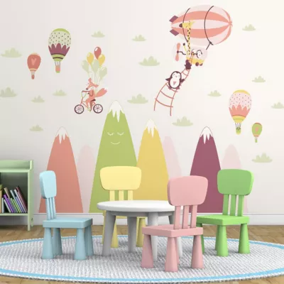 Stickers montagnes scandinaves animaux fous dans les airs 100 x 150 cm